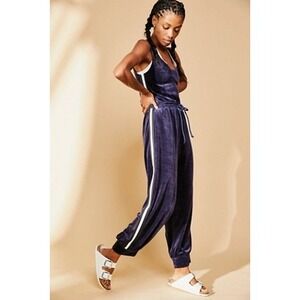 Free People Movement Feel Good Velour Jumpsuit Large Blue Sleeveless Athleisure